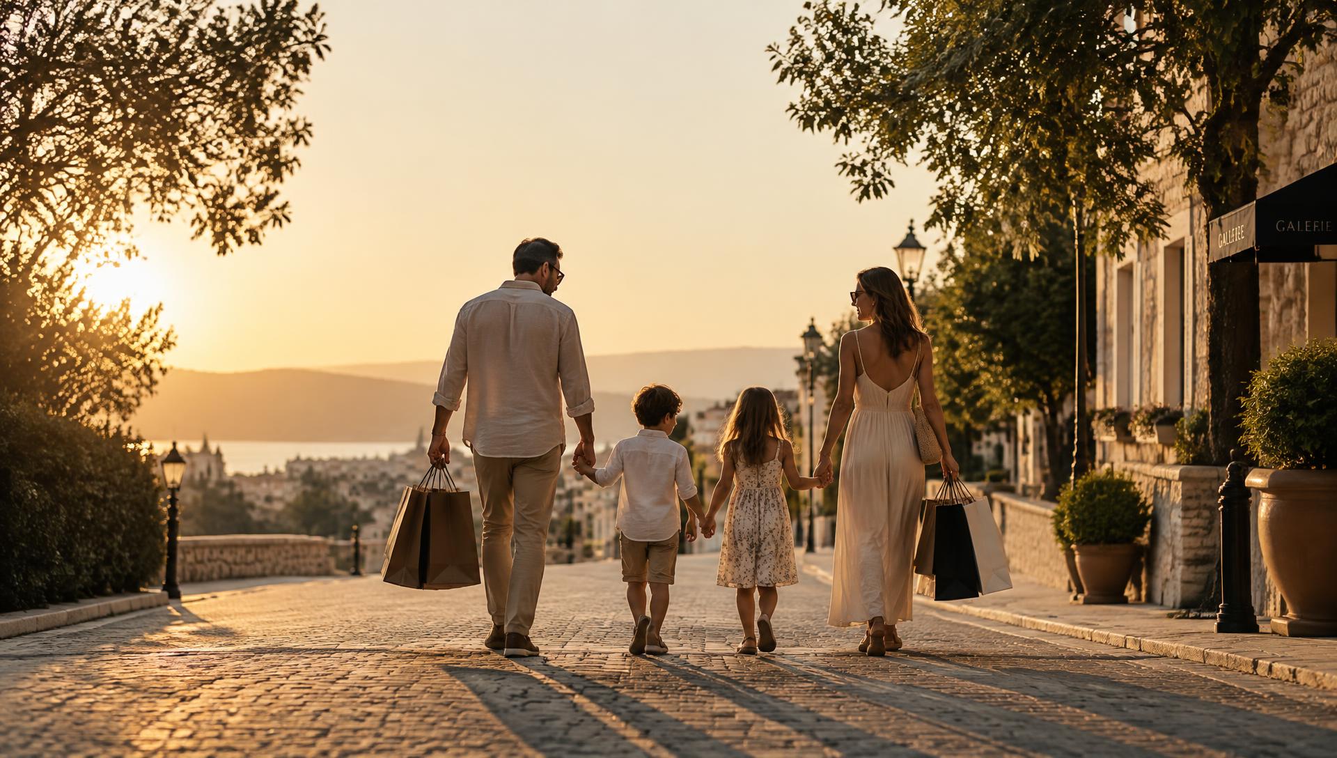 A family walking down a sunlit street carrying shopping bags