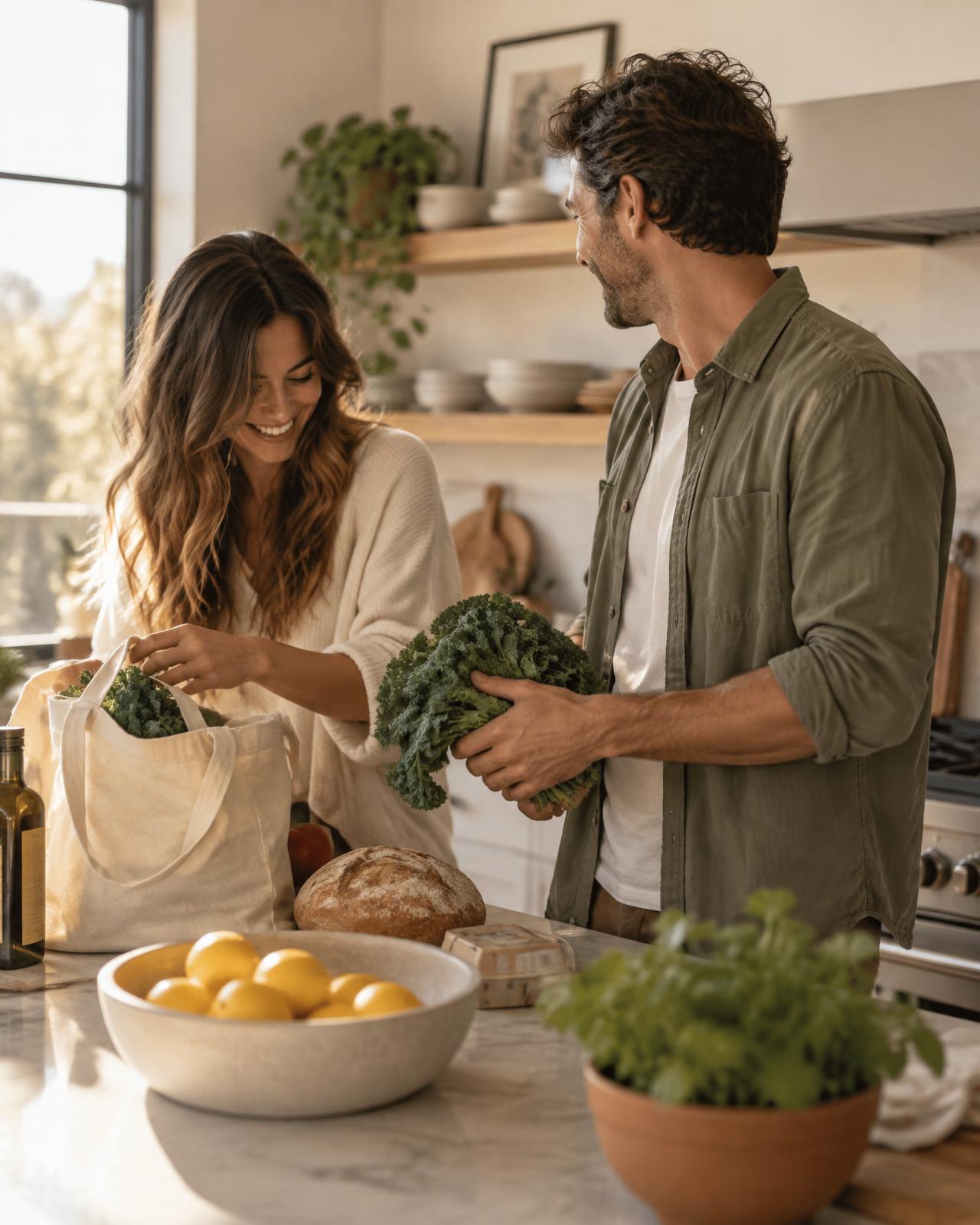 A couple smiling while unpacking groceries in a sunlit kitchen